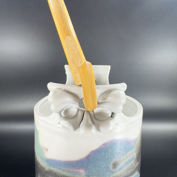 Studio Art Pottery Basket Vase With Wood Handle Artist Signed Ceramic Vintage - Picture 11 of 16